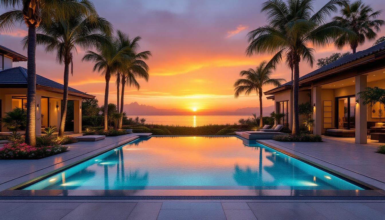 Luxury infinity pool with sunset views and palm tree landscaping in Weston, Florida